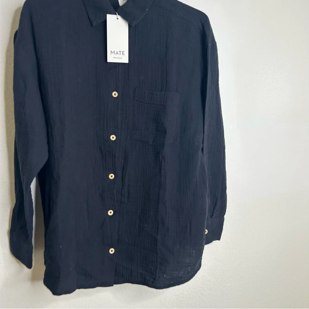NWT MATE The Label 100% Organic Cotton Gauze Button Down Shirt in Black Size S